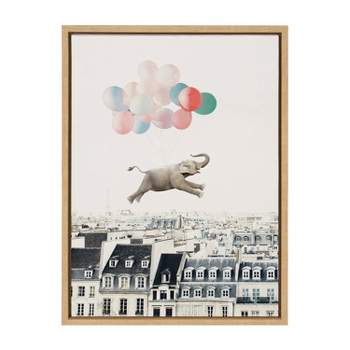Kate & Laurel All Things Decor 18"x24" Sylvie Happy Elephant in Paris Framed Canvas Wall Art by July Art Prints Natural Zoo Animal City