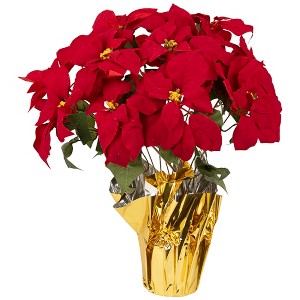 Northlight Artificial Christmas Poinsettia with Gold Wrapped Pot - 20" - Red - 1 of 4