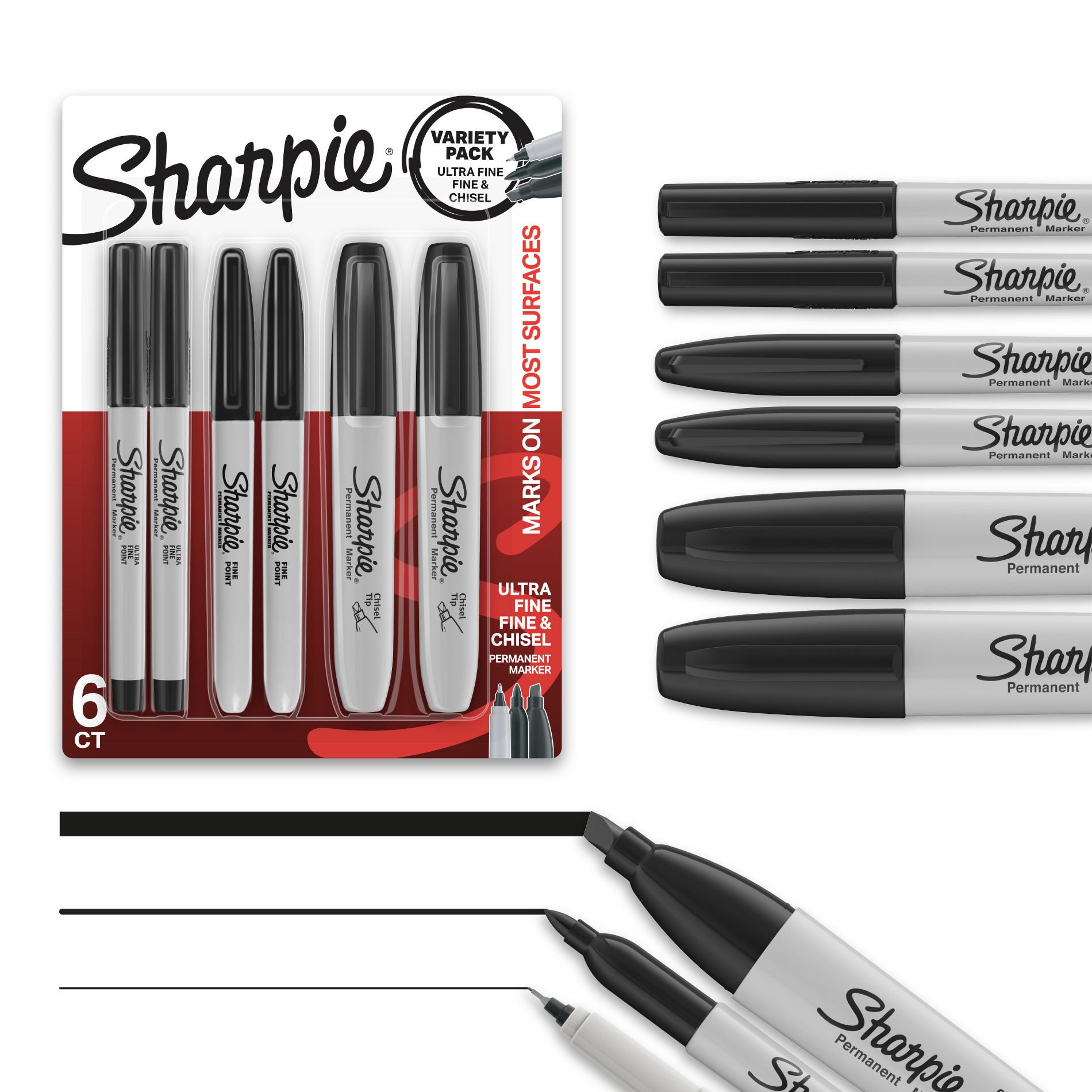 Sharpie 6pk Permanent Markers Ultra Fine/Fine/Chisel Tip Black: Art Stationery, Fadeproof, Office Supplies, Thick & Thin Tips