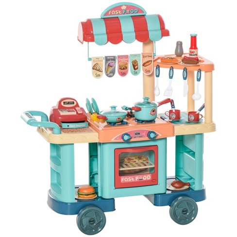 Qaba Kids Play Kitchen Set Pretend Wooden Cooking Toy Set With Drinking  Fountain, Microwave, Fridge And Accessories For Age 3 Years : Target