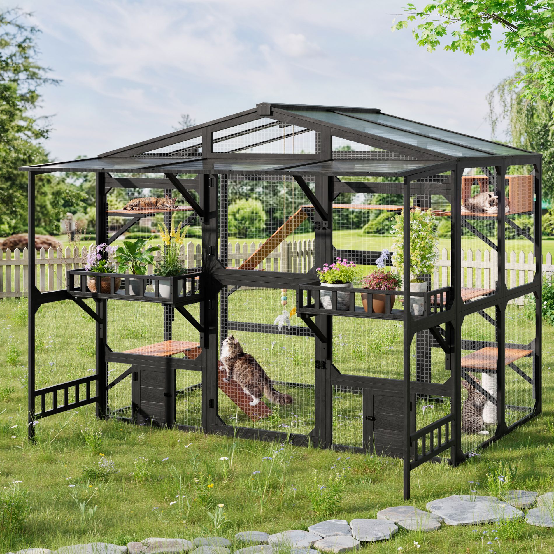 GDFStudio Felix Outdoor Wood Large Catio Cat House with Platforms and Weatherproof Roof