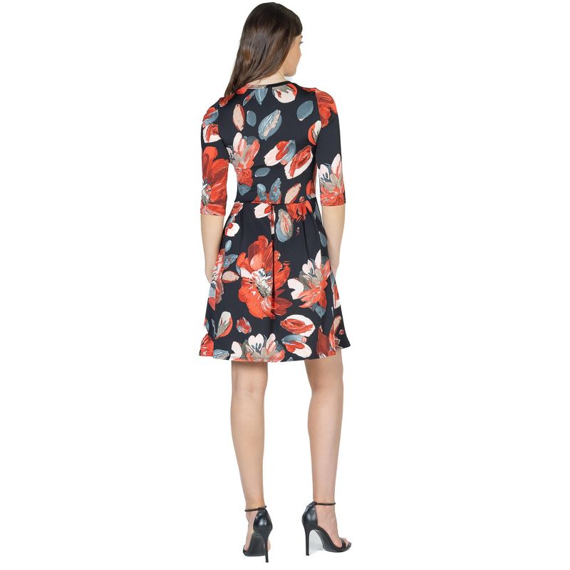24seven Comfort Apparel Red Floral Three Quarter Sleeve Pleated Dress, 3 of 5