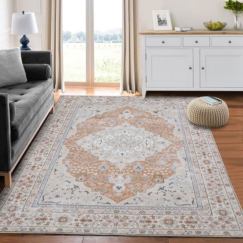 Vintage Distressed Area Rug for Living Room Traditional Medallion Stain Resistant Accent Rug, 8' x 10' Orang, 2 of 9