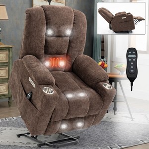 Gray Chenille Large Power Lift Recliner Chair with Massage and Heat 2 Steel Cup Holders for Elderly - 1 of 4