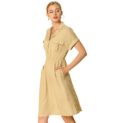 Allegra K Women s Notched Lapel Elastic Waist Pocket A Line Safari Shirt Dresses Khaki Medium