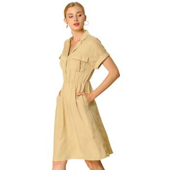 Allegra K Women's Notched Lapel Elastic Waist Pocket A-Line Safari Shirt Dresses