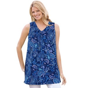 Woman Within Plus Size Perfect Printed Sleeveless Shirred V-Neck Tunic - 1 of 4