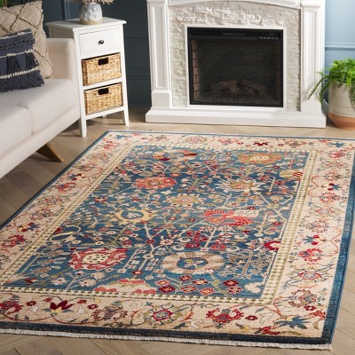Kashan Blue and Tan Floral Motif Synthetic 8' x 10' Area Rug