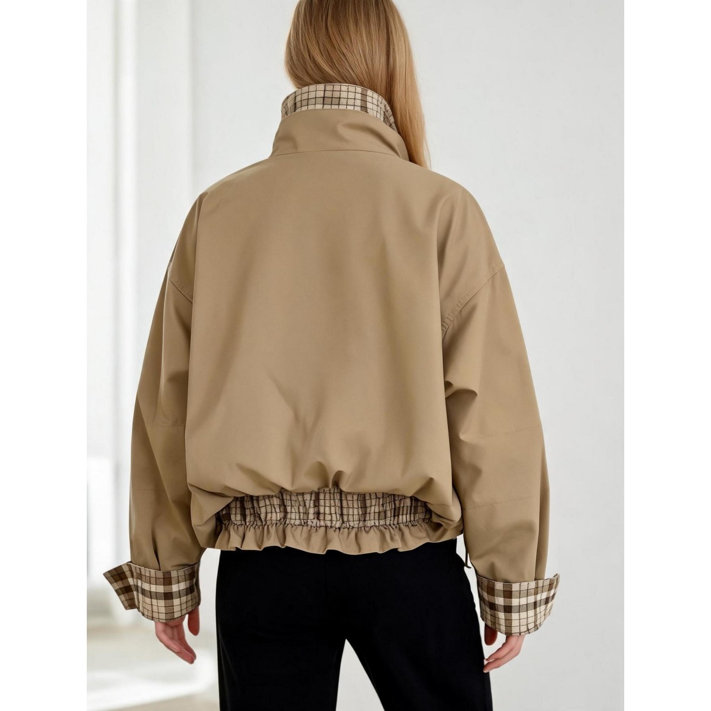 Женская куртка Imily Bela Women Reversible Plaid Lined Bomber Jacket, Stand Collar Zip Button Mixed Design Long Sleeve Cropped Oversized Casual Outerwear Khaki, цвет: Хаки — фото 2