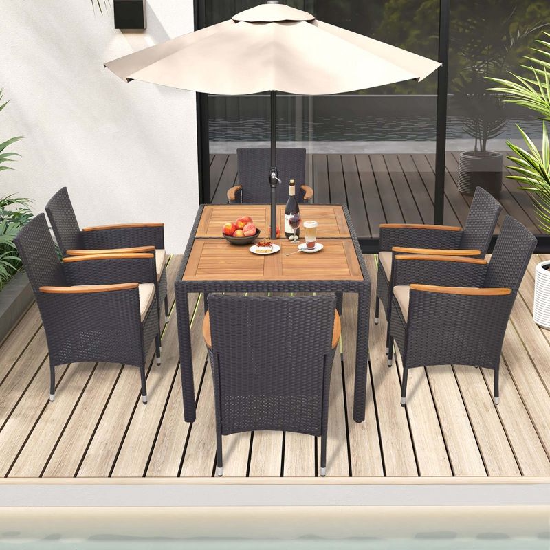 Costway 7 PCS Outdoor Dining Set for 6 with Umbrella Hole Acacia Wood Tabletop Poolside Black & Natural, 5 of 11