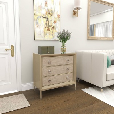 Beige Upholstered 3 Drawer Chest with Mirrored Top and Ring Handles