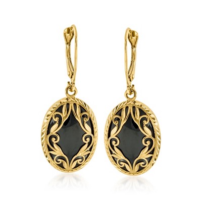 Ross-Simons Black Onyx Drop Earrings in 14kt Yellow Gold