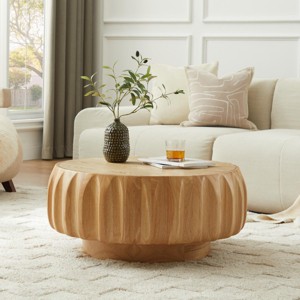 31.5" Round Wood Coffee Table, Mid-Century Modern Fluted Wood Carved Center Table for Living Room or Apartment - Panipeachy - 1 of 4