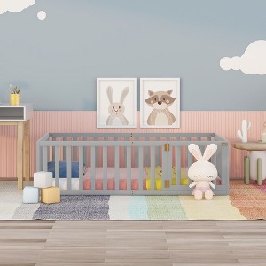 NicBex Twin/Full/Queen Size Kids Montessori Bed with Door,Floor Bed with Fence,Toddler bed for Bedroom Playroom,Walnut/White/Gray/Brown - 1 of 4