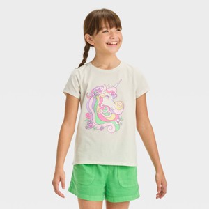 Girls' Short Sleeve 'Flower Crown Unicorn' Graphic T-Shirt - Cat & Jack™ Cream - 1 of 3