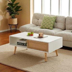 Mshliw 41" Rattan Coffee Table with Sliding Door Storage, Modern Farmhouse Rectangle Center Table with Solid Wood Legs for Living Room - 1 of 4