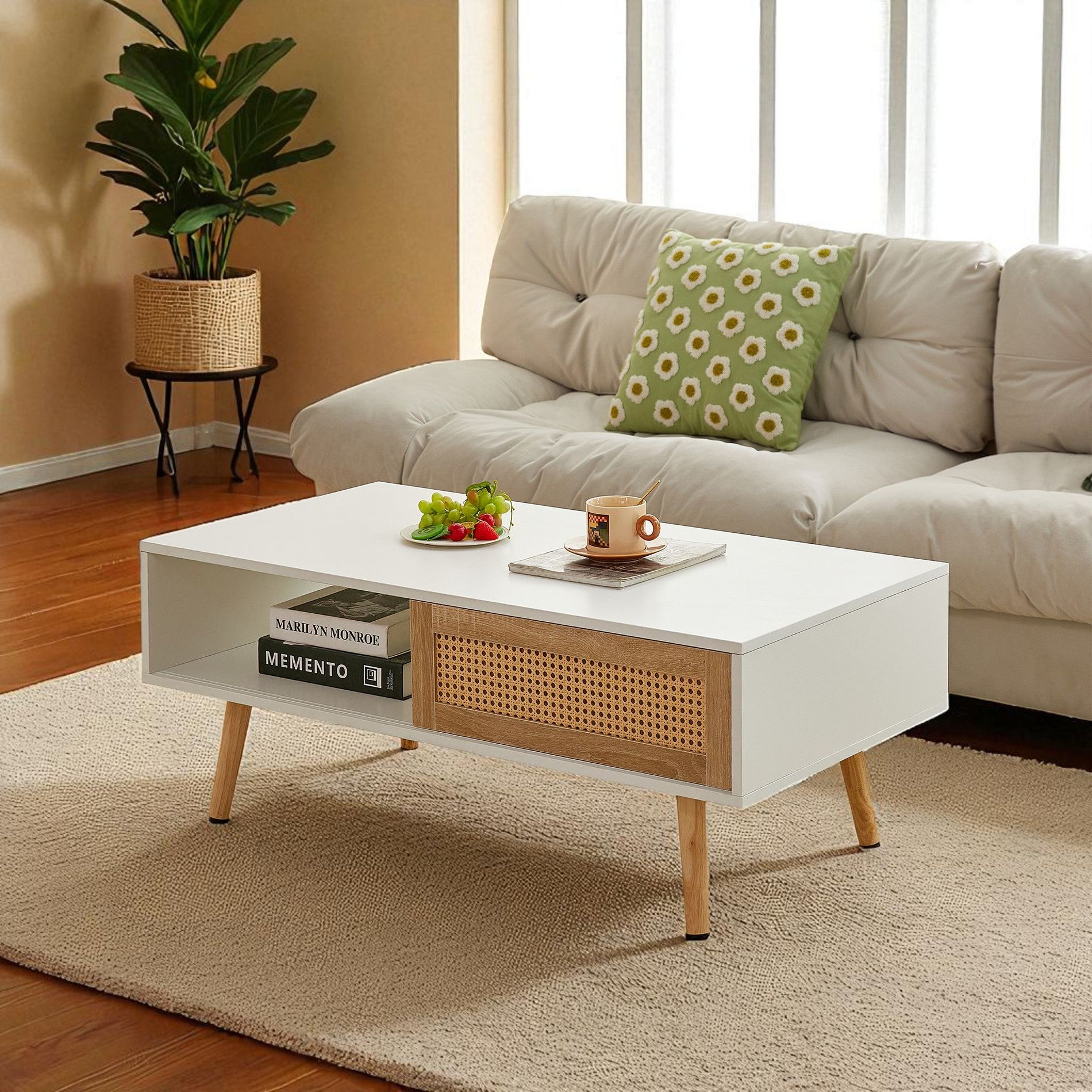 Mshliw 41" Rattan Coffee Table with Sliding Door Storage, Modern Farmhouse Rectangle Center Table with Solid Wood Legs for Living Room