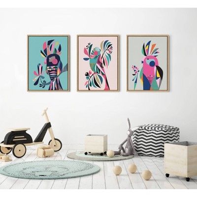 Colorful Parakeet Abstract Canvas Wall Art with Natural Frame