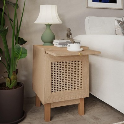 Homhougo Nightstand with Hidden Retractable Desktop,End Table Modern Rattan Nightstand, Wooden Side Table with Solid Wood Legs, Natural