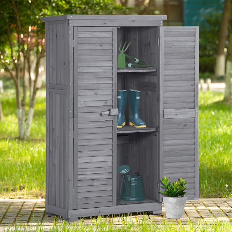 3-tier Patio Fir Wood Storage Cabinet, Outdoor Organizer Wooden Lockers with Shutter Design-ModernLuxe, 2 of 12