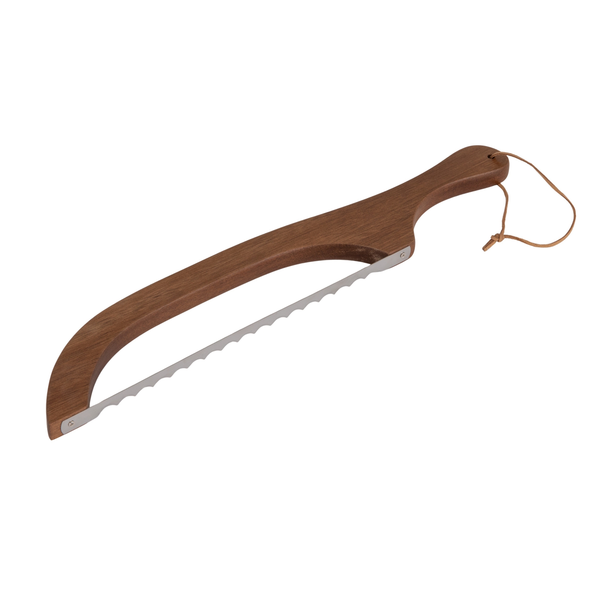 Storied Home Bread Bow Knife with Stainless Steel Blade and Faux Leather Tie, Natural Acacia Wood