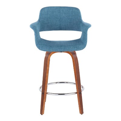 Set of 2 Blue Swivel Walnut Wood Counter Stools