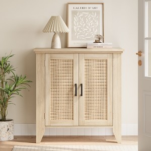 30" Rattan Sideboard Buffet Cabinet with Doors and Shelves, Wood Accent Console Cabinet for Living Room, Dining Room, Kitchen, Natural Oak - 1 of 4