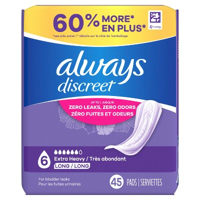 Always Discreet Incontinence and Postpartum Incontinence Pads for Women - Extra Heavy Absorbency - Long Length - 45ct