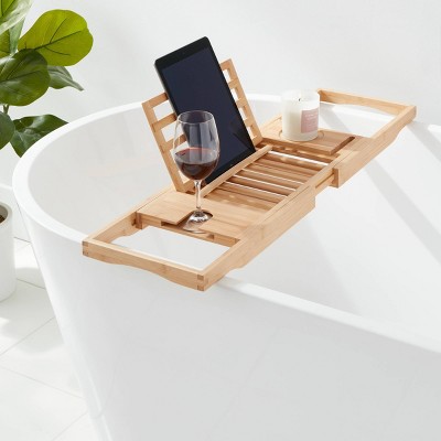 Expandable Bamboo Bathtub Caddy with Tablet Stand