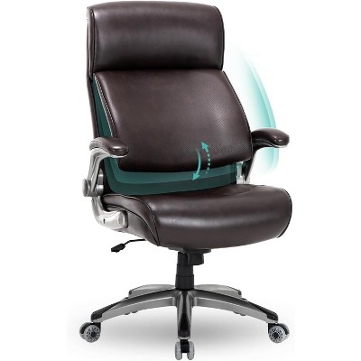 High Back Big and Tall Office Chair 300lbs, Ergonomic Leather Desk Chair with Flip-Up Lumbar, Padded Arms, Upgraded Casters, Thick Cushion - Brown