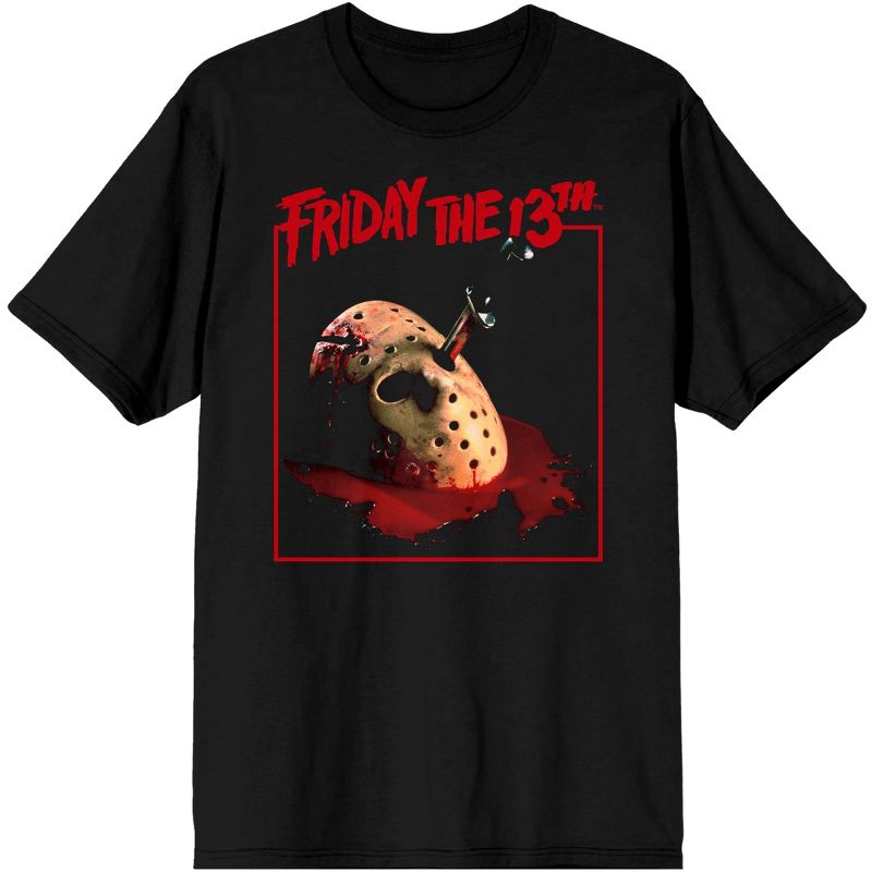 Friday the 13th Horror Movie Jason Bloody Mask Mens Black Graphic Tee Shirt, 1 of 4