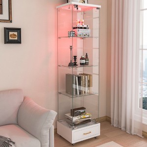 KTMBDW Glass Display Cabinet 4-Tier with Drawer, Curio Cabinets Tempered Glass Floor Standing Bookshelf for Bedroom Living Room - 1 of 4