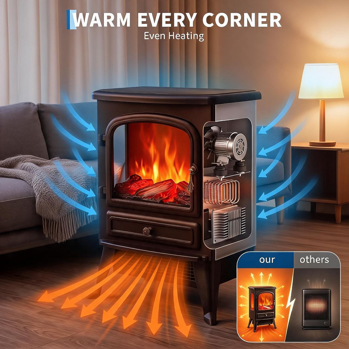 Garvee Freestanding Electric Fireplace Stove with 3-Sided Glass, 750W/1500W Heater with Thermostat, 5118 BTU, Multicolor Flame - thumbnail 4