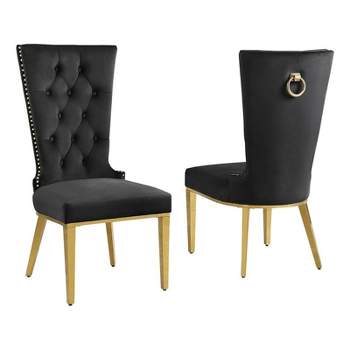 Black Velvet Upholstered Side Chairs with Gold Stainless Steel Set of 2