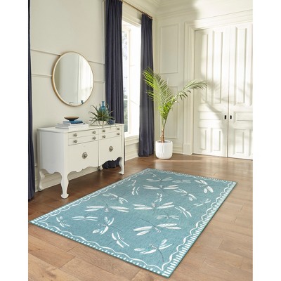 Aqua and White Flatwoven Dragonfly Rectangular Area Rug