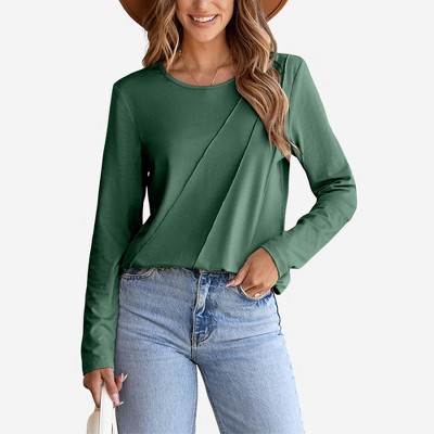 Amaryllis Women’s Solid Rib Knit Long Sleeve Crewneck Top Diagonal Seam Detail Slim Fit Pullover
