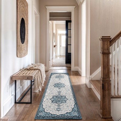 Blue and Ivory Medallion Runner Rug with Jute Backing