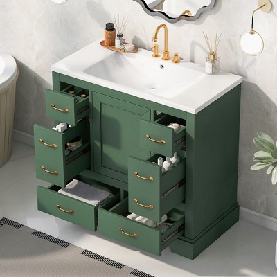 LOVMOR Bathroom Vanity with Ceramic Sink, Doors & Drawers, Modern Bathroom-Storage Cabinet, Solid Wood Frame Set