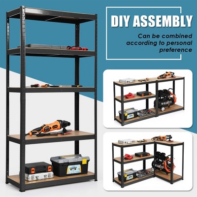 72'' Heavy Duty Black Steel Garage Rack with 5 Adjustable Wood Shelves
