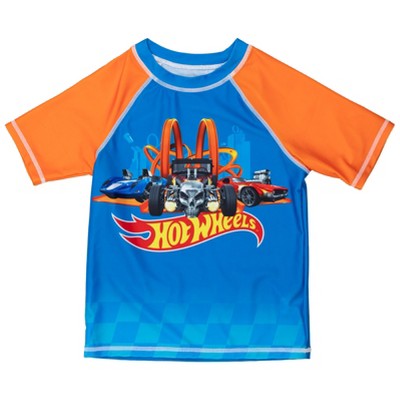 Hot Wheels Little Boys' Raglan Short Sleeve Swim Shirt and Drawstring Board Shorts Bathing Suit Royal Blue Orange 6 — фото 4