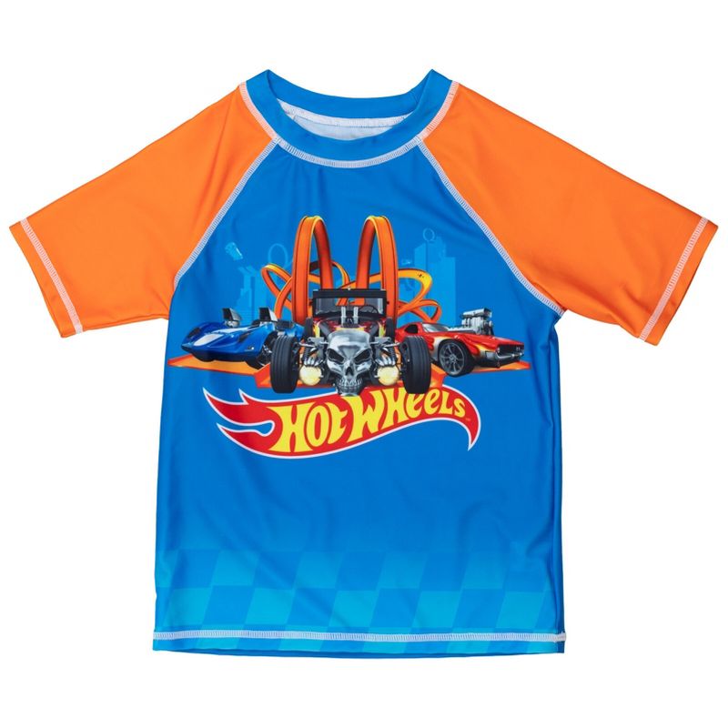 Hot Wheels UPF 50+ Pullover Rash Guard and Swim Trunks Outfit Set Toddler to Big Kid, 3 of 9