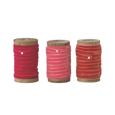 Storied Home 3-Piece Velvet Ribbon on Mango Wood Spool Set, Magenta, Rust, and Bubblegum Pink