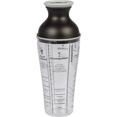 Kuissential Recipe Cocktail Shaker 16oz with Jigger, Strainer 6 Printed Mixed Drink Recipe Measurements on the Bottle