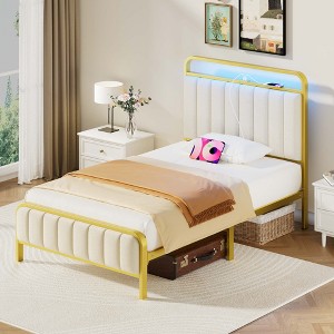Greenstell Queen Bed Frame with Upholstered Headboard and Footboard & Charging Station & LED Lights Gray - 1 of 4