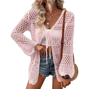 Women's Crochet Cardigan Long Sleeve Tie Front Hollow Out Thin Cardigan - 1 of 3