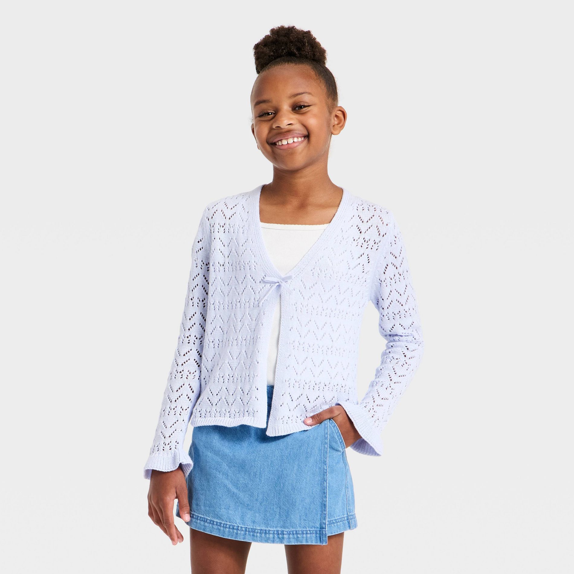 Girls' Pointelle Open Cardigan Sweater - Cat & Jack™ Pale Lavender S