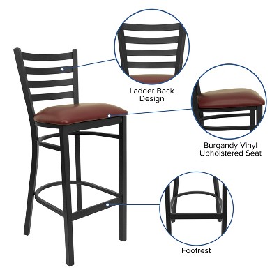 Black Metal Ladder Back Bar Stool with Burgundy Vinyl Seat