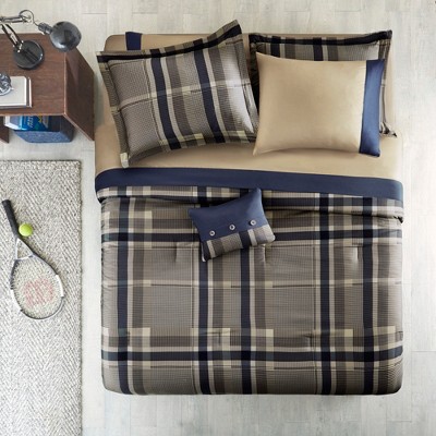 9 Pcs Contemporary Style Bed in a Bag Comforter Set, All Season Classic Plaid Design Dorm Bedding, OEKO-TEX Certified Bed Set with Matching Pillows