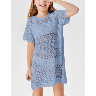 Girls Swim Cover Up Crochet Bathing Suit Cover Ups Short Sleeve Summer Beach Dress