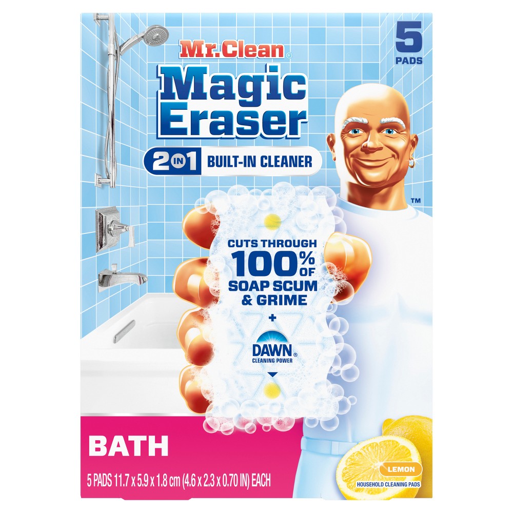 Mr. Clean Lemon Magic Eraser 2-in-1 Built-In Cleaner Bath - 5ct: Foam Material, Multi-Surface Use